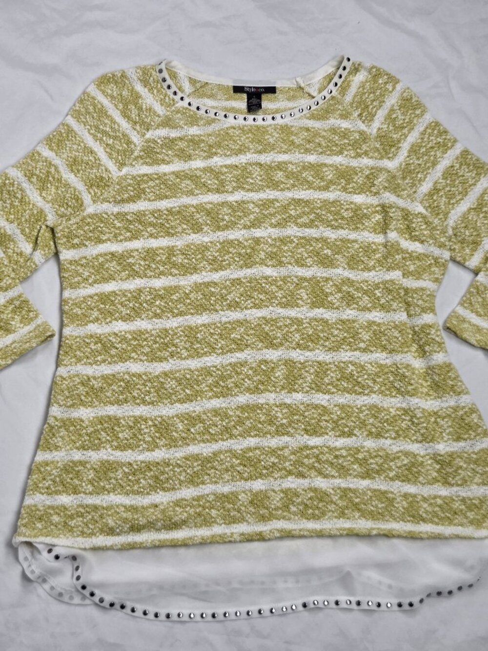 Style & Co green white striped beaded scoop neck 3/4 sleeve tunic sweater Sz L